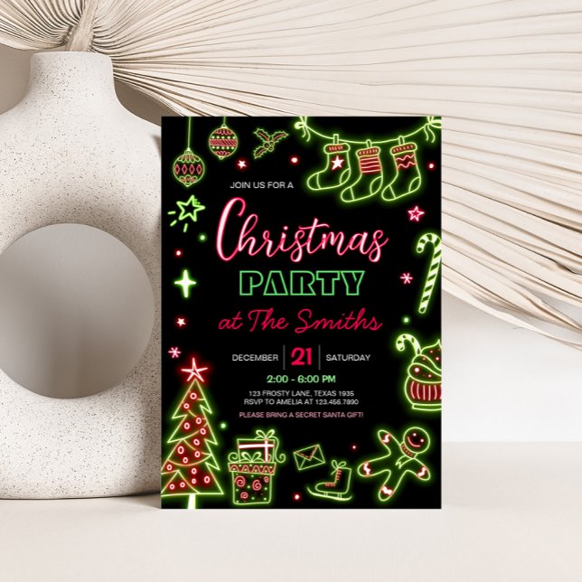 Invitation Fête de Noël Neon Père Noël (Neon Santa Modern Christmas Party Invitation)