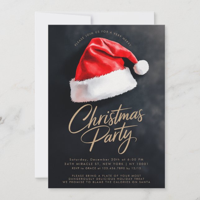 Invitation Fête de Noël Noir de Santa Hat (Devant)
