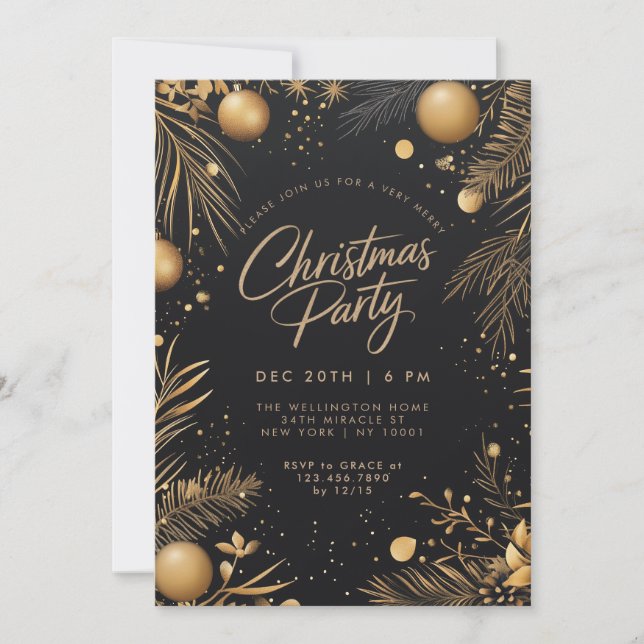 Invitation Fête de Noël Noir Et Or Élégante (Devant)