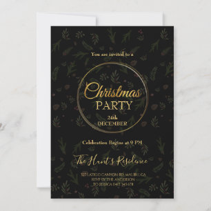 Invitation Fête de Noël noire au feuillage minimal moderne