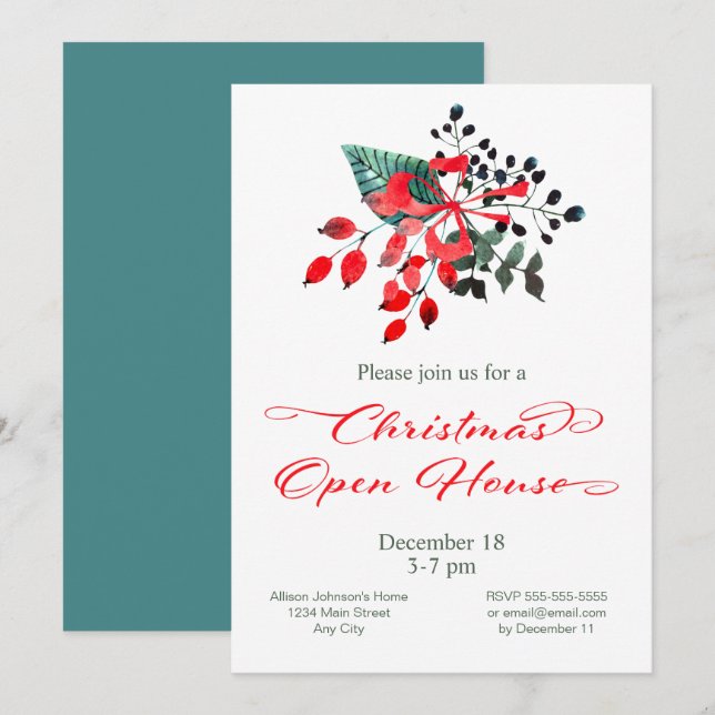 Invitation Fête de Noël Open House Winter Berries Floral (Devant / Derrière)
