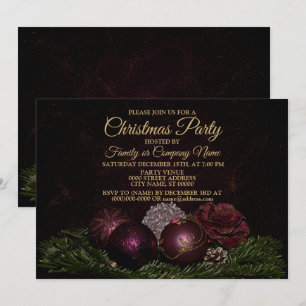 Invitation Fête de Noël Ornements Roses Feuilles Vertes Noire