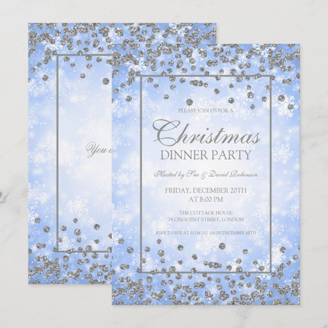Invitation Fête de Noël Parties scintillant bleue en argent M (Devant / Derrière)
