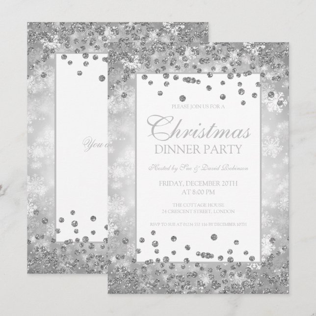 Invitation Fête de Noël Parties scintillant d'argent Merveill (Devant / Derrière)