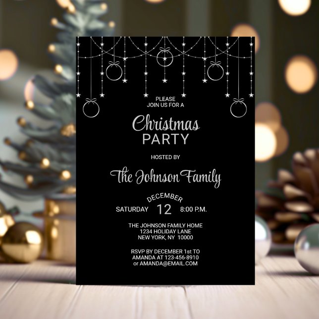 Invitation FÊTE DE NOËL Parties scintillant d'argent noir Éto (CHRISTMAS PARTY Black Silver Glitter Stars Invitation)