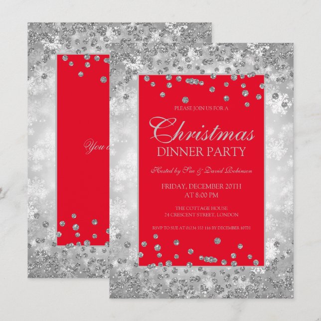 Invitation Fête de Noël Parties scintillant rouge et argent M (Devant / Derrière)