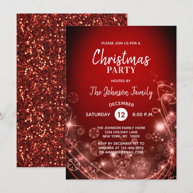 Invitation FÊTE DE NOËL Parties scintillant Rouge Flakes Blan (Devant / Derrière)