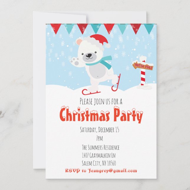 Invitation Fête de Noël Patinage Ours polaire (Devant)