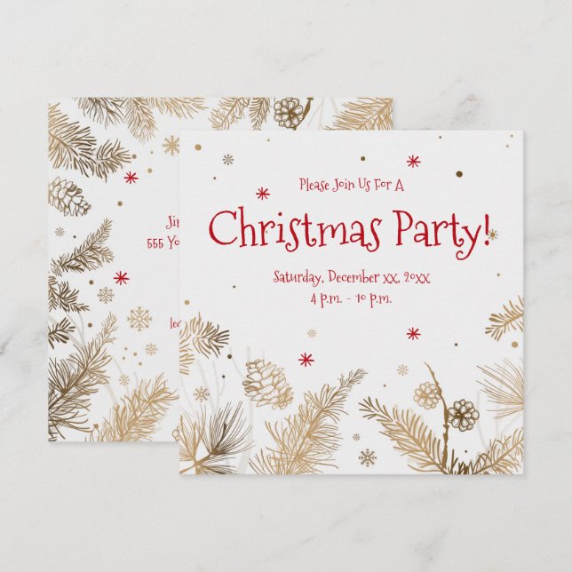 Invitation Fête de Noël, peigne de pin doré, (Devant / Derrière)
