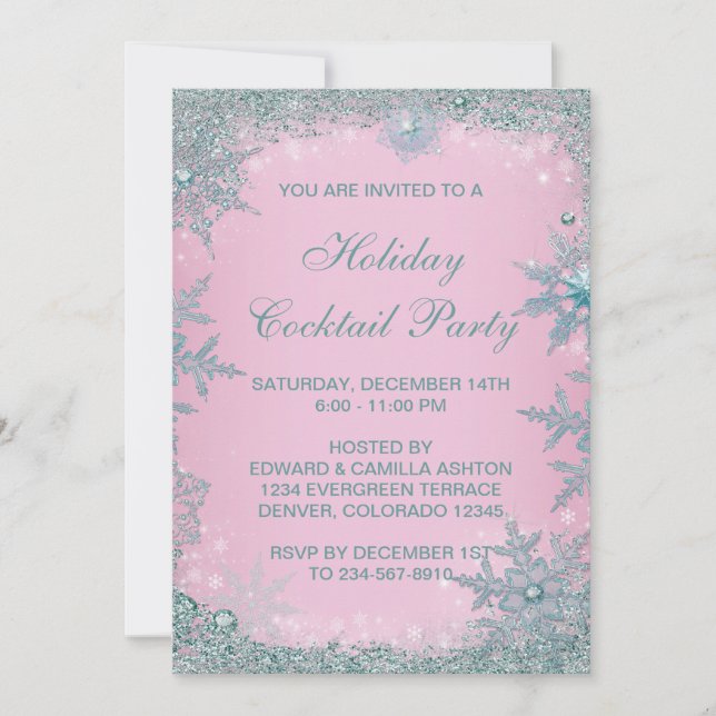 Invitation Fête de Noël Pink Blue Snowflacon Turquoise (Devant)