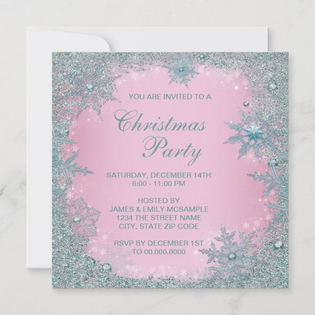 Invitation Fête de Noël Pink Blue Snowflacon Turquoise (Devant)