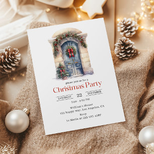 Invitation Fête de Noël Porte Bleue Aquarelle Élégante