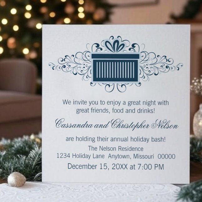 Invitation Fête de Noël présente, Bleu (Blue Holiday Swirls Present Christmas Party Invitation)