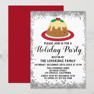 Invitation Fête de Noël Pudding Rouge Paillettes Argentées