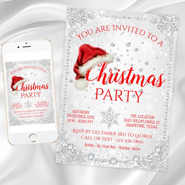 Invitation Fête de Noël Red Santa Hat Snowflake (Santa hat snowflake Christmas party invitation. Available for instant download and print.)