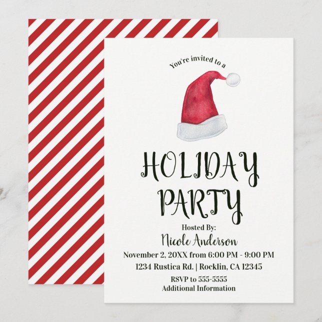 Invitation Fête de Noël Red Santa Hat & Stripes (Devant / Derrière)