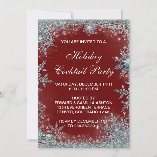 Invitation Fête de Noël Red Turquoise Blue Snowflop (Devant)