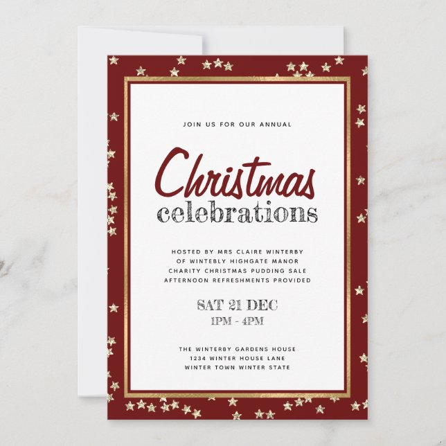 Invitation Fête de Noël Red White Gold Stars (Devant)