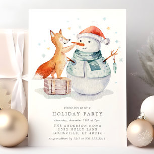 Invitation Fête de Noël Renard Aquarelle Bonhomme de Neige