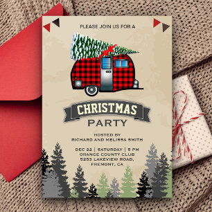Invitation Fête de Noël rétro campeur carreau rouge Buffalo