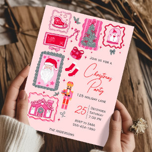 Invitation Fête de Noël rose au dessin coquette à main levée