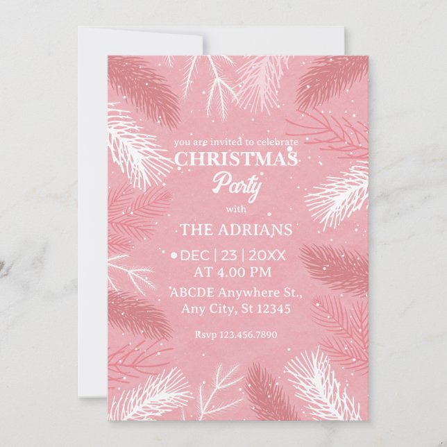 Invitation Fête de Noël rose avec feuilles de pins (Devant)