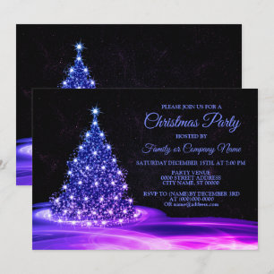 Invitation Fête de Noël Rose Bleu brillant Arbre hiver Noir