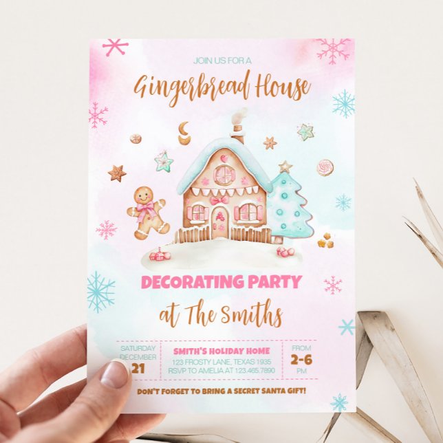 Invitation Fête de Noël rose Maison en pain d'épices (Gingerbread House Christmas Decorating Party Invitation)