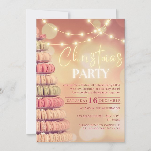 Invitation Fête de Noël rose pâle de l'arbre de Macaron (Devant)