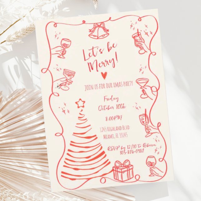 Invitation Fête de Noël rouge à crête à la main (Créateur téléchargé)
