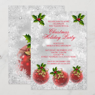 Invitation Fête de Noël Rouge Bauble de houx argenté