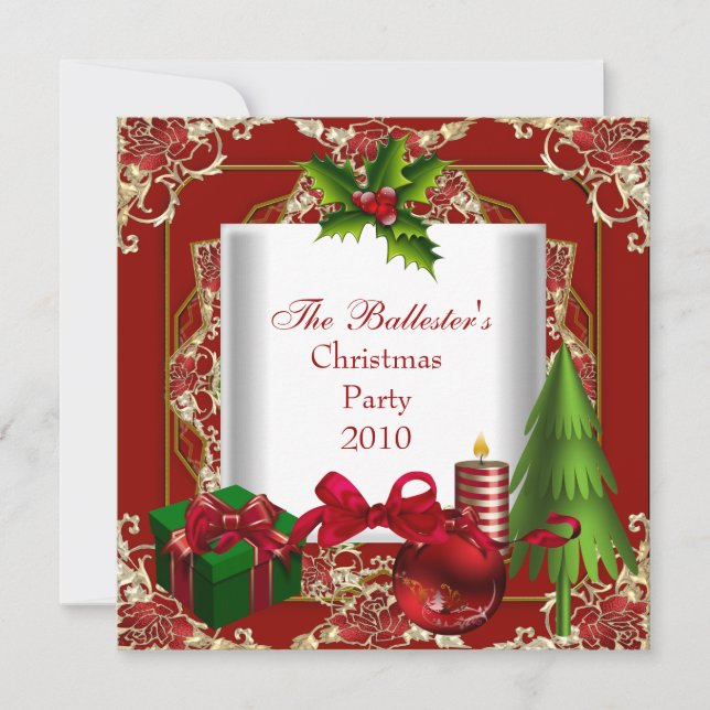 Invitation Fête de Noël Rouge Blanc Or Vert (Devant)