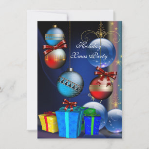 Invitation Fête de Noël Rouge Bleu Cadeaux Boxes Boules