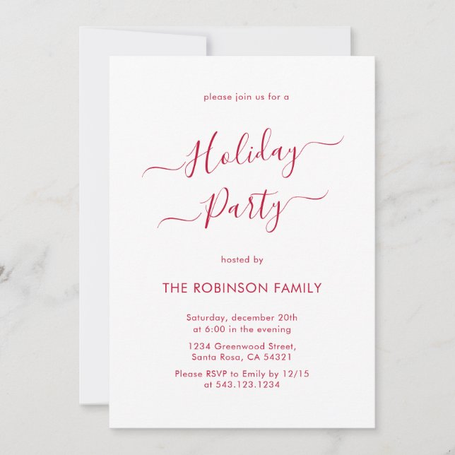 Invitation Fête de Noël Rouge Élégante Minimale (Devant)