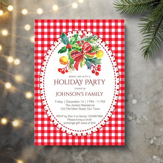 Invitation Fête de Noël rouge en vichy pines (Red gingham retro grand millennial Christmas holiday party invitation cards template)