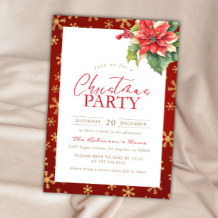 Invitation Fête de Noël Rouge et Gold Holly Poinsettia