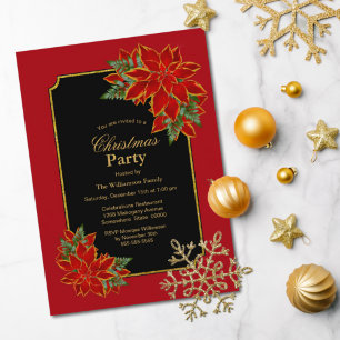 Invitation Fête de Noël Rouge et Noir Poinsettia
