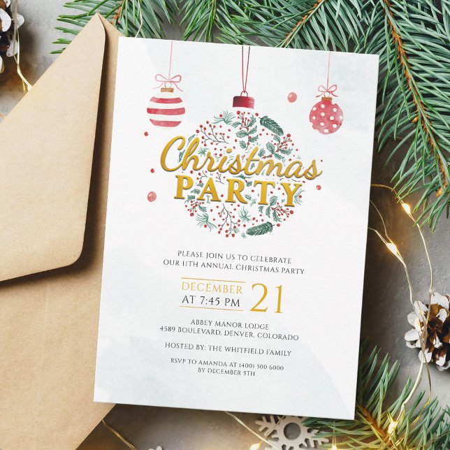 Invitation Fête de Noël Rouge et Or (Christmas Holidays Baubles Modern Party Invitation)