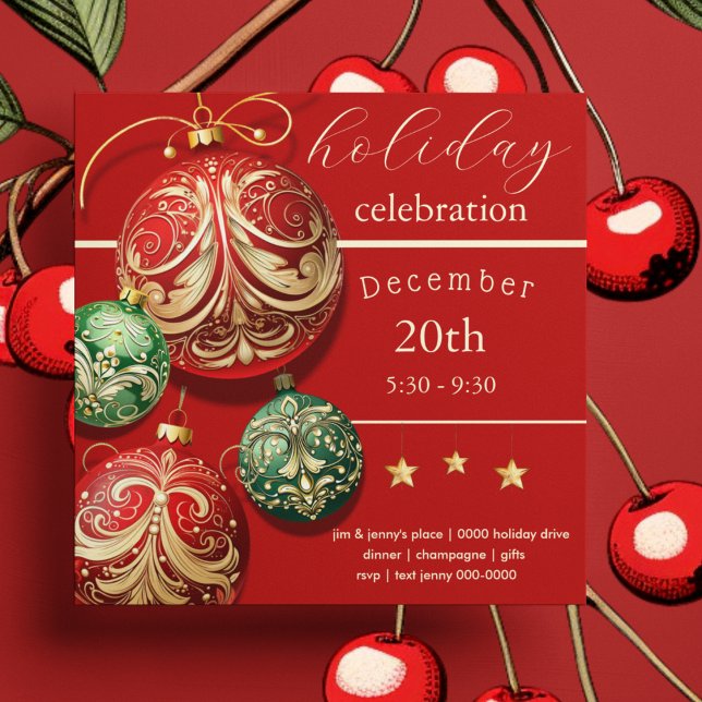 Invitation Fête de Noël Rouge et Vert (Red and green Christmas ornament Holdiay party and celebration invitation)