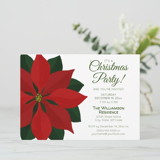 Invitation Fête de Noël Rouge et Vert Poinsettia (Debout devant)