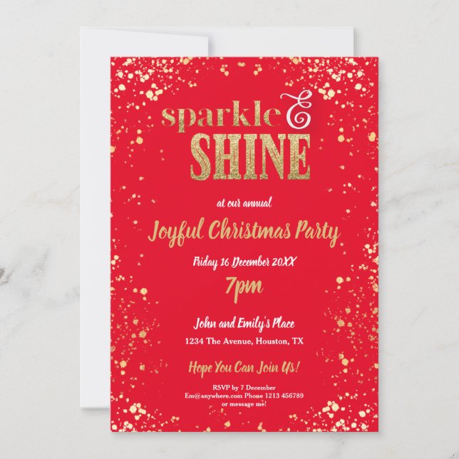 Invitation Fête de Noël Rouge Étincelle Et Or (Devant)