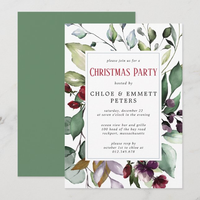 Invitation Fête de Noël Rouge Floral Vert Feuille (Devant / Derrière)