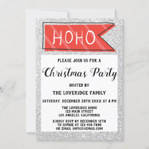 Invitation Fête de Noël Rouge & Gris Paillettes Argentées