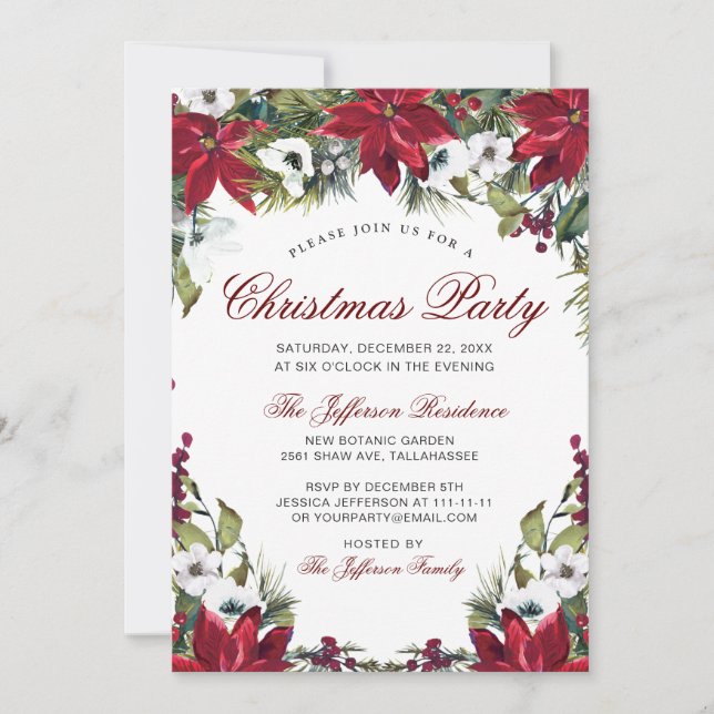 Invitation Fête de Noël Rouge Poinsettia Floral Aquarelle (Devant)