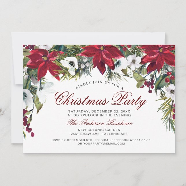 Invitation Fête de Noël Rouge Poinsettia Floral Aquarelle (Devant)
