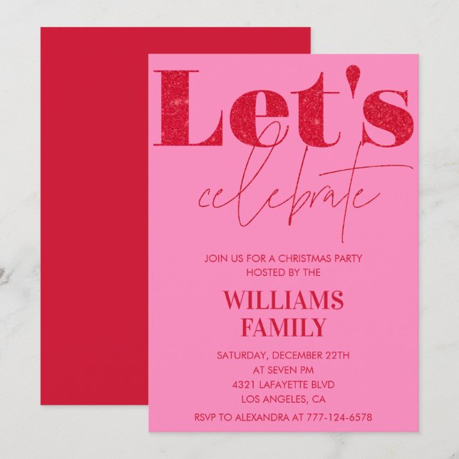 Invitation Fête de Noël rouge rose Fêtons Noël (Devant / Derrière)
