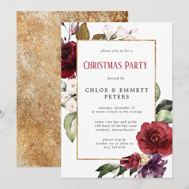 Invitation Fête de Noël Rouge Rustique Floral (Devant / Derrière)