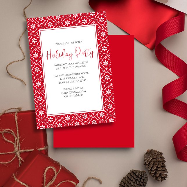 Invitation Fête de Noël Rouge Simple Feu de neige (Christmas holiday party red snowflake pattern and stylish calligraphy invitation)