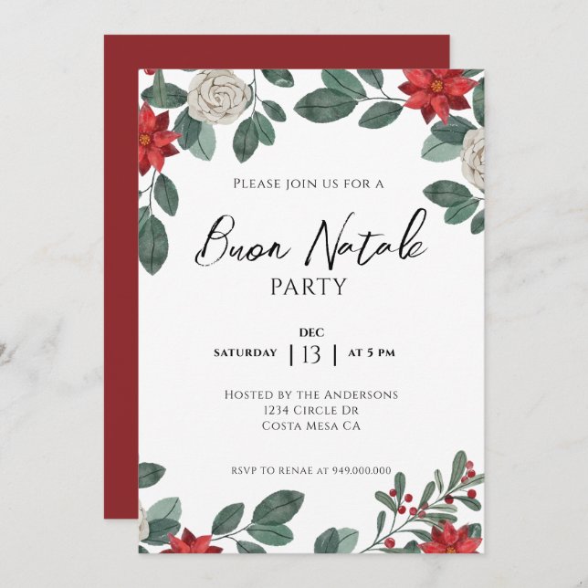 Invitation Fête de Noël Rouge Vert Floral (Devant / Derrière)