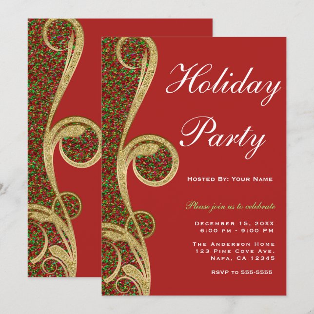 Invitation Fête de Noël Rouge Vert Or Tourbillon (Devant / Derrière)